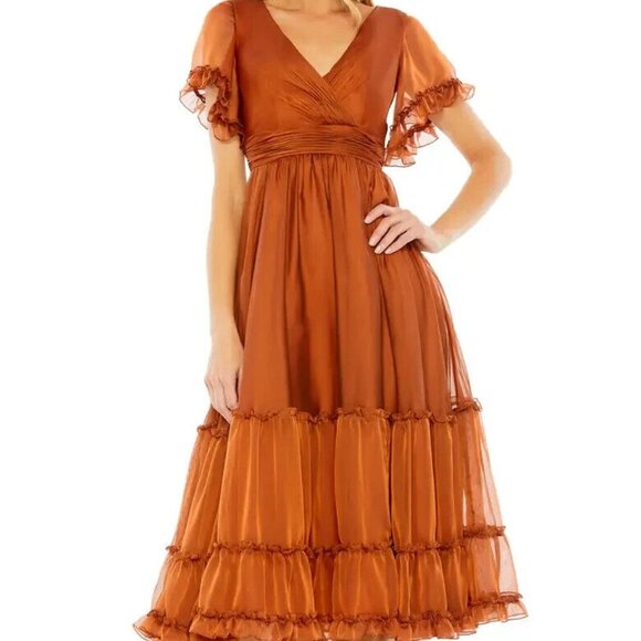 Mac Duggal Rust Ruffle A-Line Midi Cocktail Dress - Picture 1 of 3